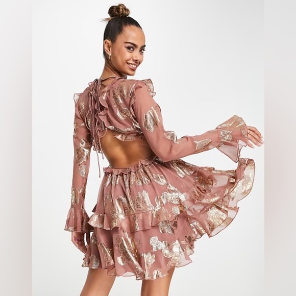 ASOS DESIGN tiered ruffle floral jaquard mini dress ruffle cutout skirt metallic - Picture 1 of 14